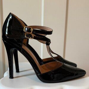 Journee Collection Black Patent Double Strap Heels